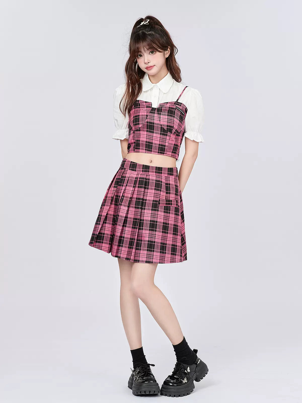 College Style Checked Suspender Top + Skirt