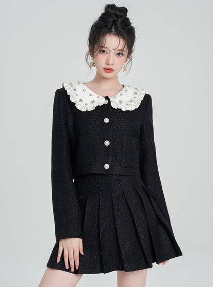 Diamond Fragrance Style Black Short Jacket + Pleated Skirt