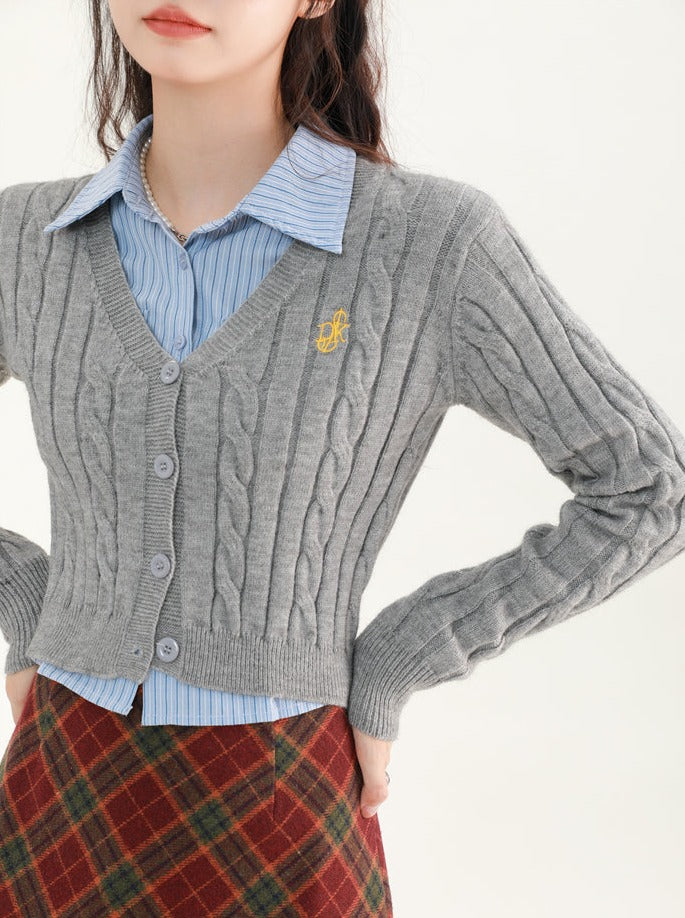 College Style Cable Slim V-Neck Sweater