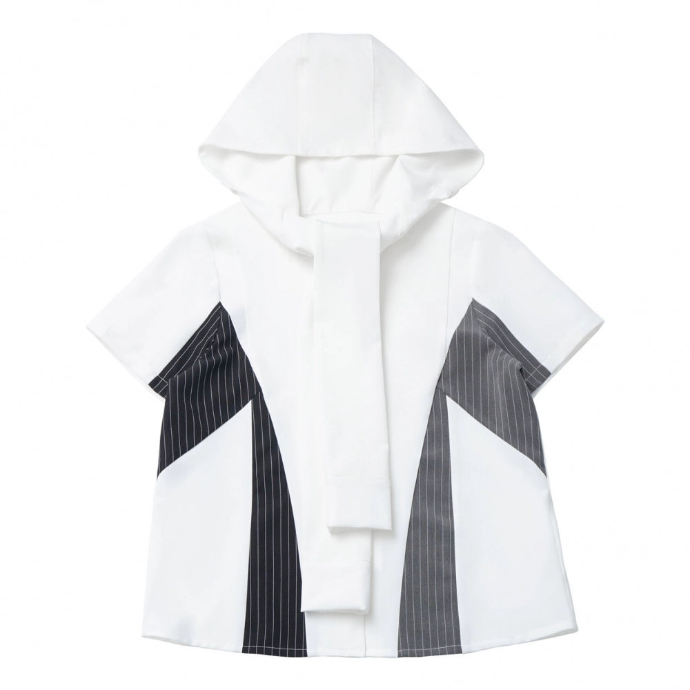 Casual stripe stitch design shirt + hooded shirt + + half pants + culottes + tie
