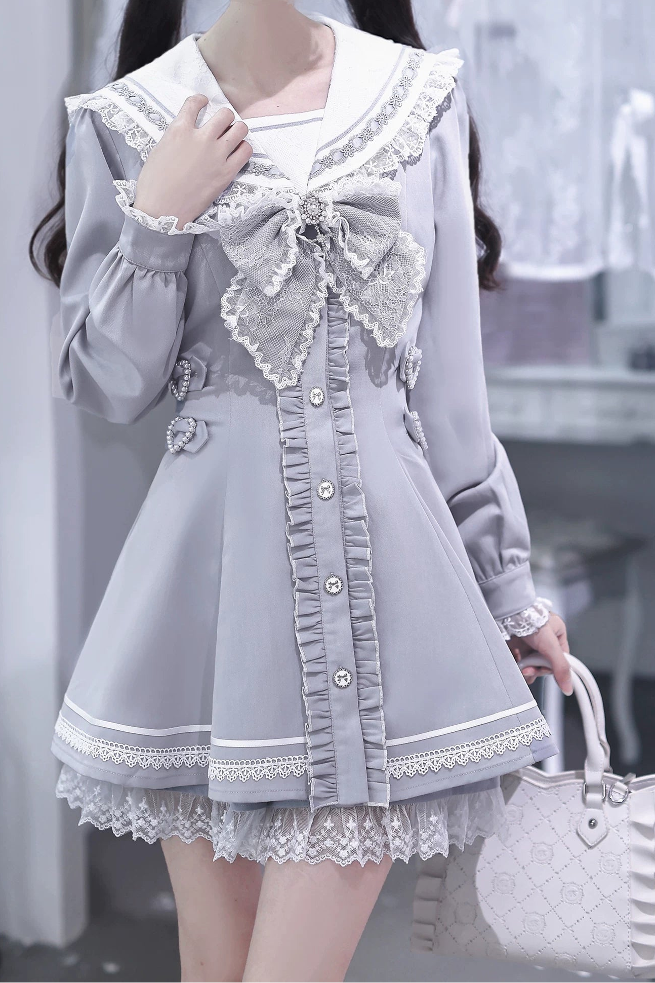 [Pre-order Deadline: September 29] Blue Sailor Collar Frill Lace Trim Dress + Shorts + Cross Charm Jewel Bow Tie Set