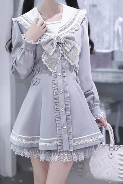 [Pre-order Deadline: September 29] Blue Sailor Collar Frill Lace Trim Dress + Shorts + Cross Charm Jewel Bow Tie Set
