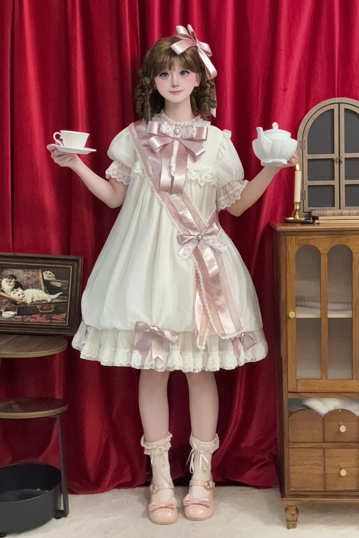 【9月19日予約締切】Pink x Beige / Dark Blue x Beige Doll Style Sweet Lolita Bow Lace Puff Sleeve Dress + Dress Set + Full Set