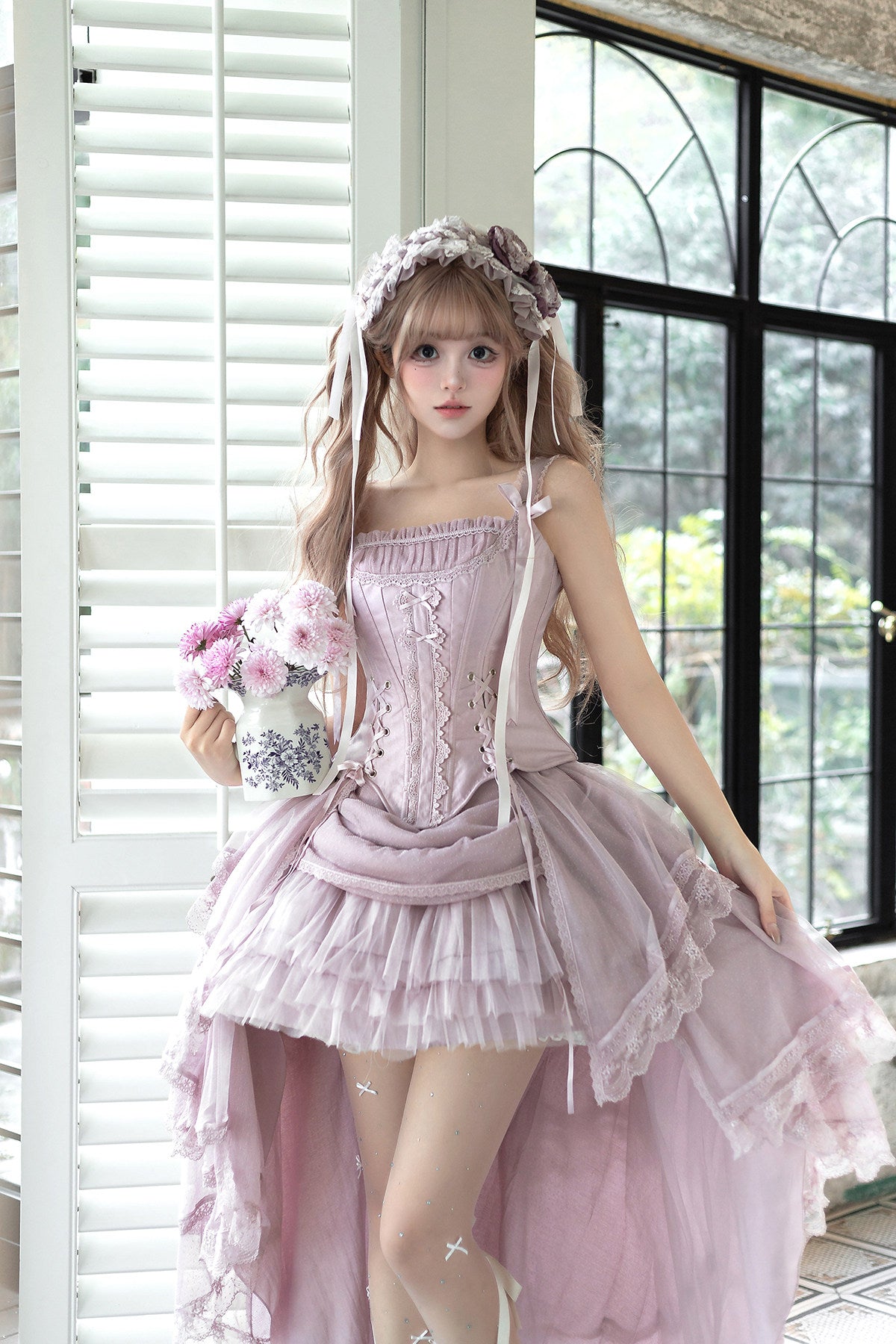 【2月27日予約締切】アンティークランプシャドウシャンパンゴールドストラップリボンビスチェドレスセットアップ