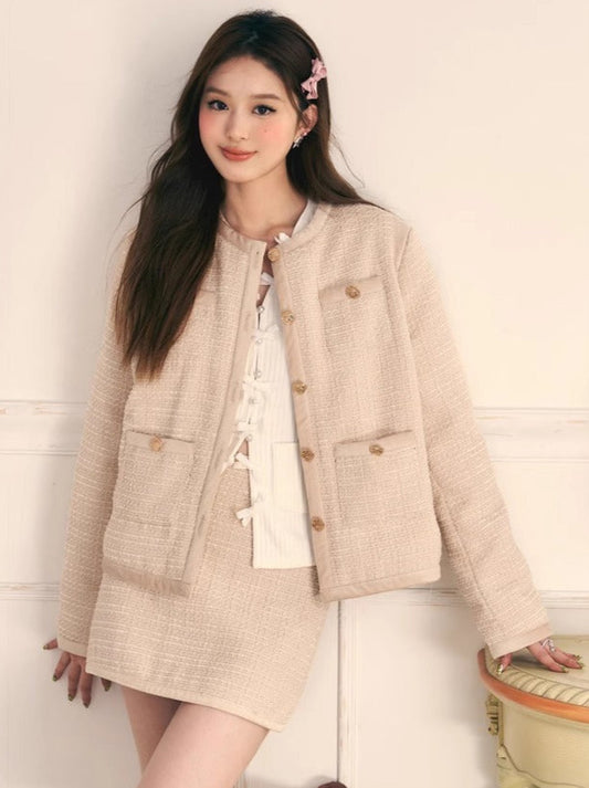 Velvet Tweed Stitched Small Fragrance Suit Jacket Skirt Two Piece Set