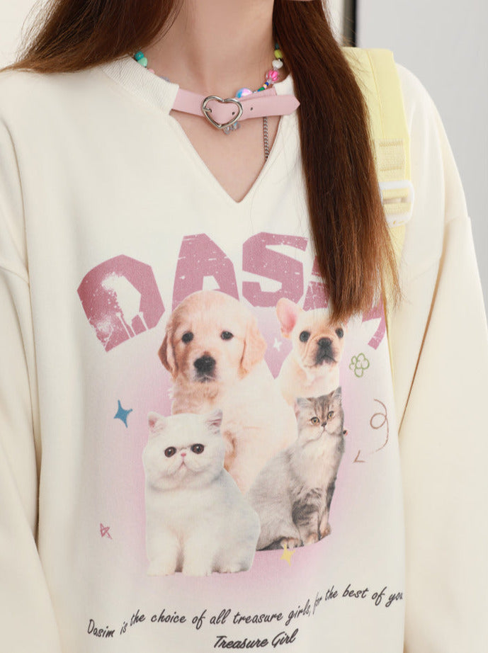 Dog & Cat Print Buckle Design Sweatshirt [Short/Long