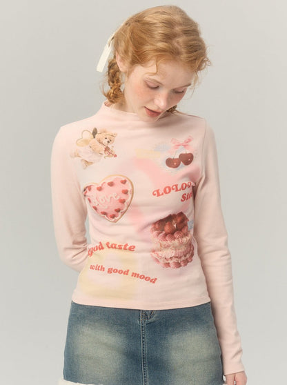 Half Turtle Collar Retro Sweet Illustration Top