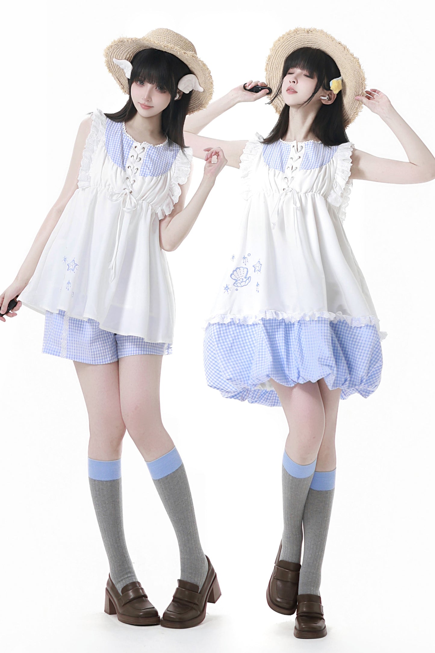 シェルパズルノースリーブトップス＋チェックショートパンツ＋バルーンドレス