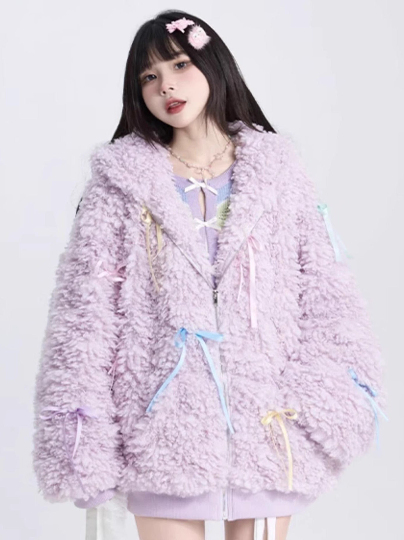 Light purple loose hooded zipped lambswool coat