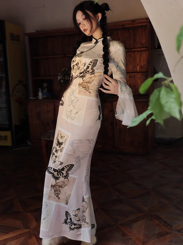 Butterfly Print Velvet Long Dress