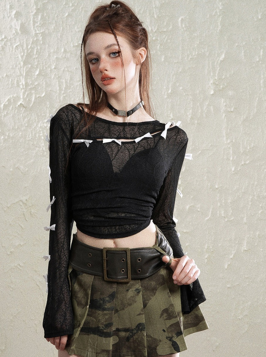 Mesh low-cut ribbon sheer top