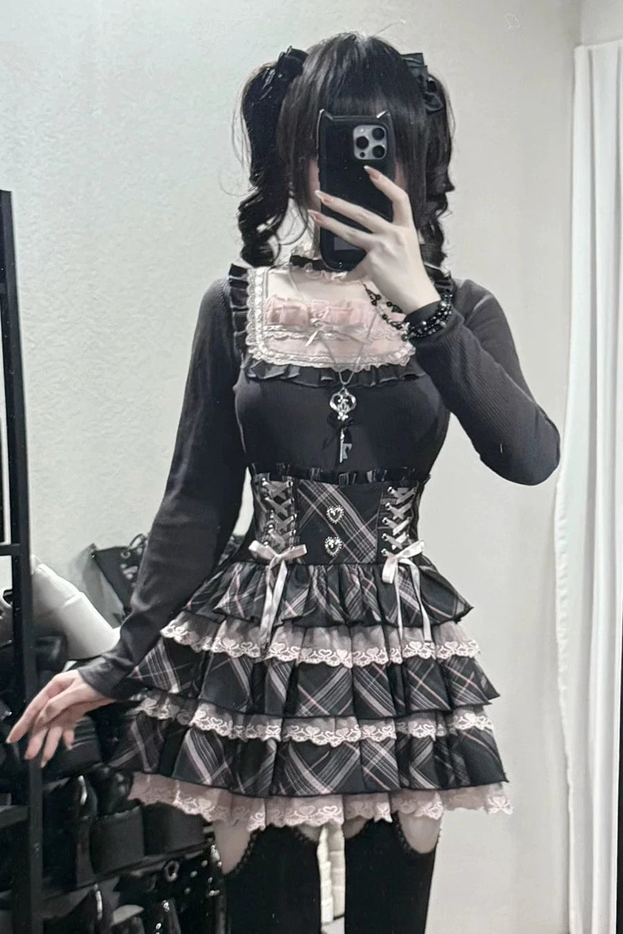 [Pre-order Deadline: October 30] Black Pink Lace Trim Square Neck Choker Design Knit Top + Lace Trim Plaid Tiered Skirt