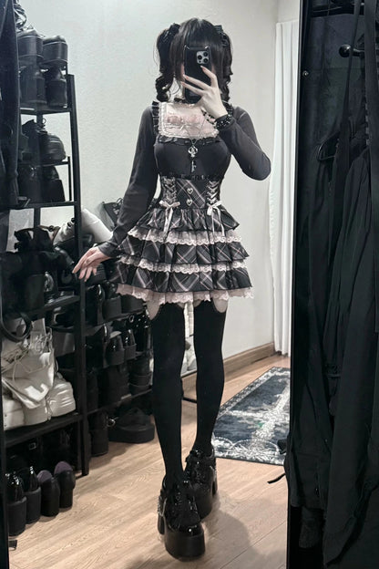 [Pre-order Deadline: October 30] Black Pink Lace Trim Square Neck Choker Design Knit Top + Lace Trim Plaid Tiered Skirt