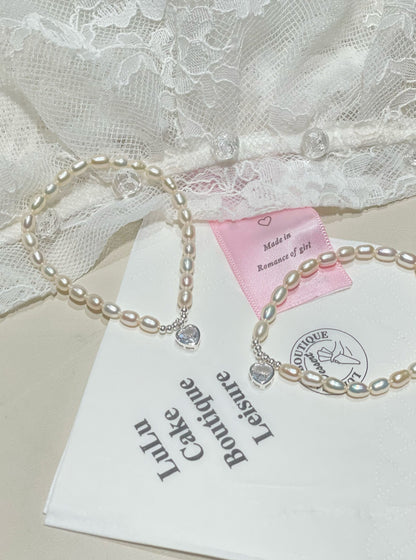 Silver heart pearl bracelet