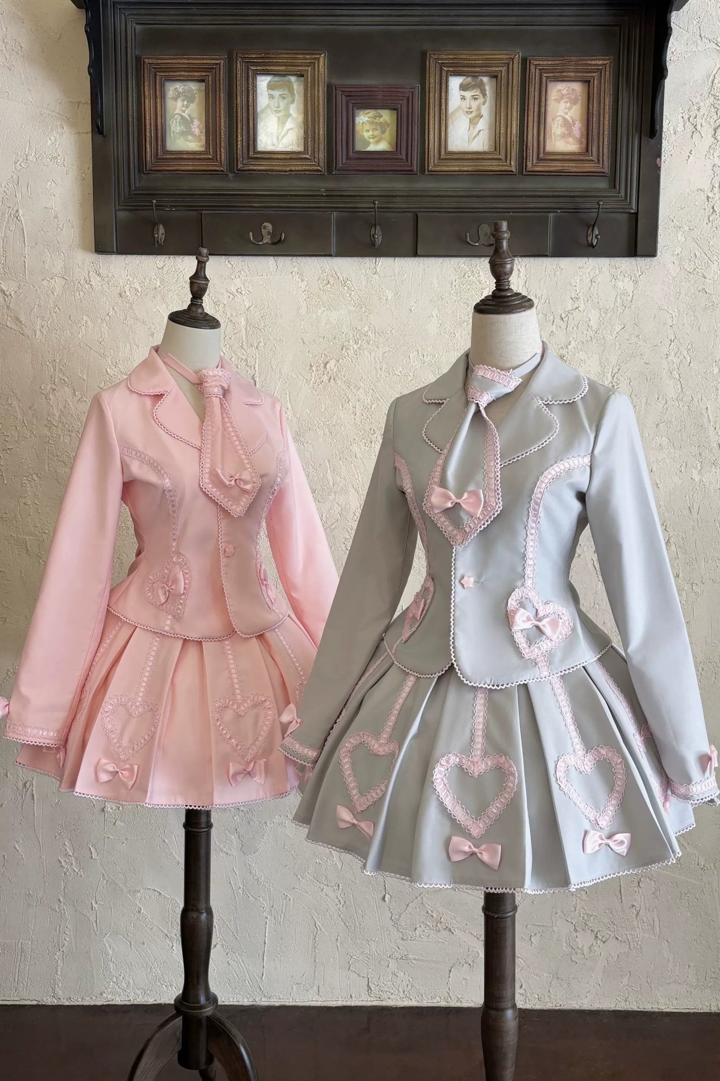 [Pre-order Deadline: June 28] Pink/Gray Vintage Lolita Heart Ribbon Tailored Jacket + Skirt + Tie