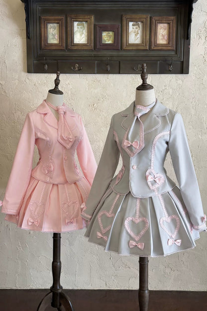 [Pre-order Deadline: June 28] Pink/Gray Vintage Lolita Heart Ribbon Tailored Jacket + Skirt + Tie