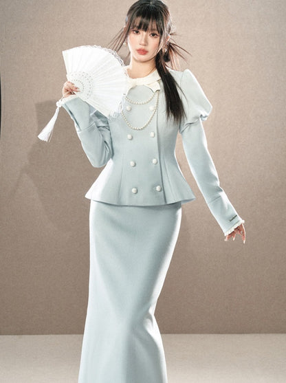 Pastel color puff sleeve double blest coat + high waist tight skirt [Reservation item]