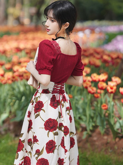 Square Color Lace Top + Rose Design Long Skirt