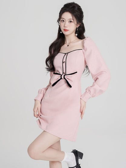 Sweet Baby Pink Waist Square Neck Dress