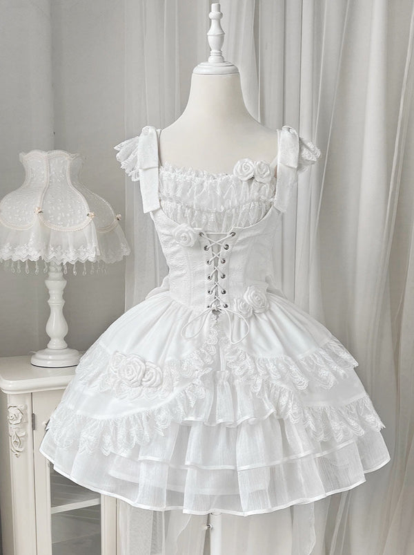 Lolita Wedding Rose Lace-Up Tiered Bustier & Sass Dress Set