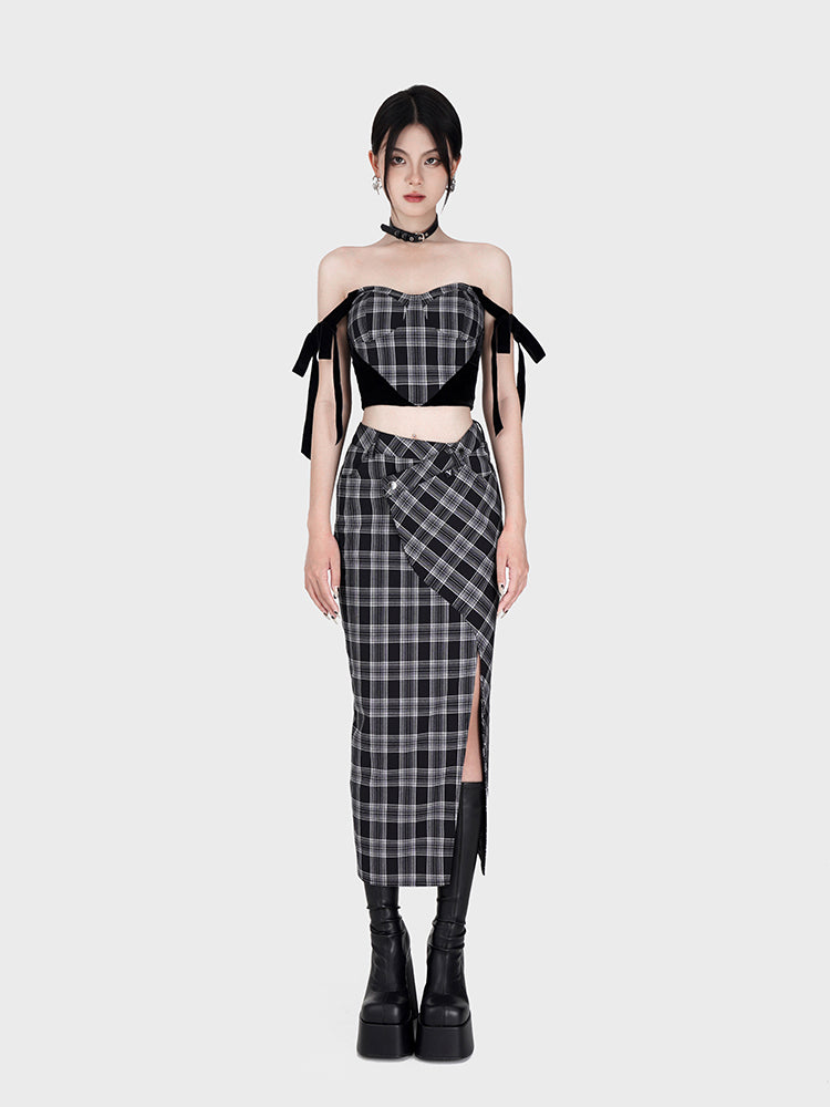 Y2K Dark Check Design Waist Split Skirt
