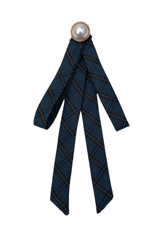 Elegant Retro Navy Blue Dress + Slim Ribbon + Brooch