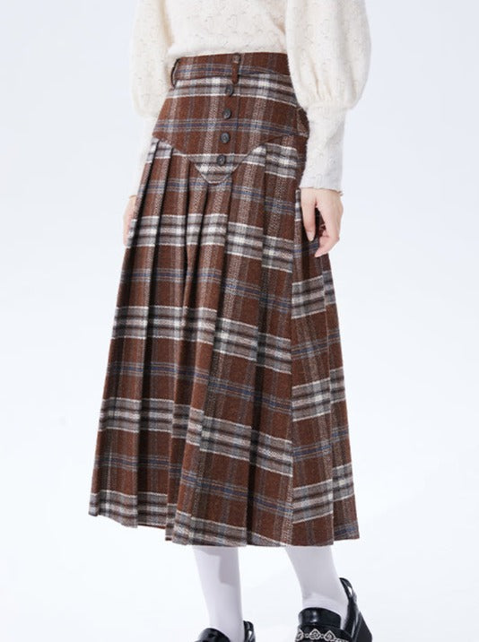 Red Check Asymmetrical Button Retro Wool Middle Skirt