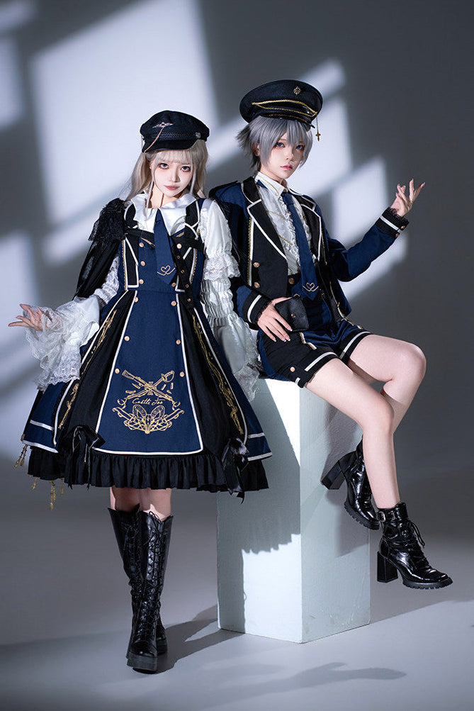 Rot-Schwarz/Blau-Schwarz Dark-Lolita-JKS-Kleid mit goldener Stickerei, Reverskragen, Krawatte und Gürtel mit Hüfttasche