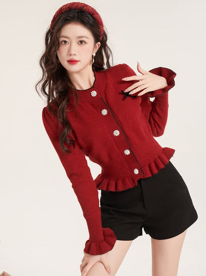 Short Ruffle Red White Knit Cardigan