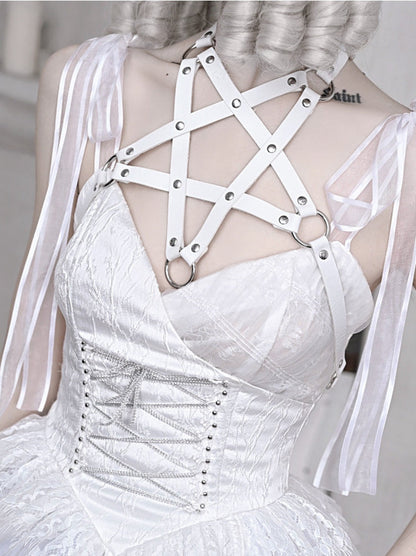 Sleeping Alice White Gothic Dark Pentagram Mesh Lace Suspender Dress [Reserved