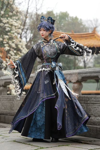 [Reservierungsschluss: 9. Monat, 27. Tag] Schwarz x Blau / Schwarz x Lila asymmetrisches China-Lolita-Gothic-Top aus Spitze mit Glockenärmeln (mit Kettenaccessoire)