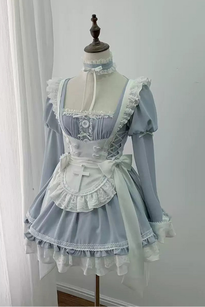 【4月15日预售截止】水蓝色医疗蕾丝交叉围裙连衣裙+项圈