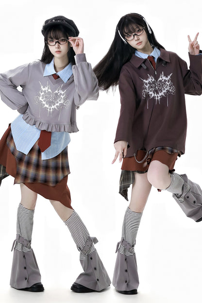 College Sweater + Checked Asymmetrical Skirt + Waist Shirt + Leg Warmers