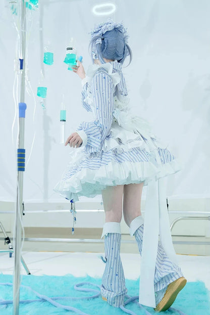 【11月5日予約締切】Blue White Striped Medical Lolita Nurse Sickly Kawaii Dress Suit Full Set (Shirt + Skirt + Apron + Back Ribbon + Leg Covers)