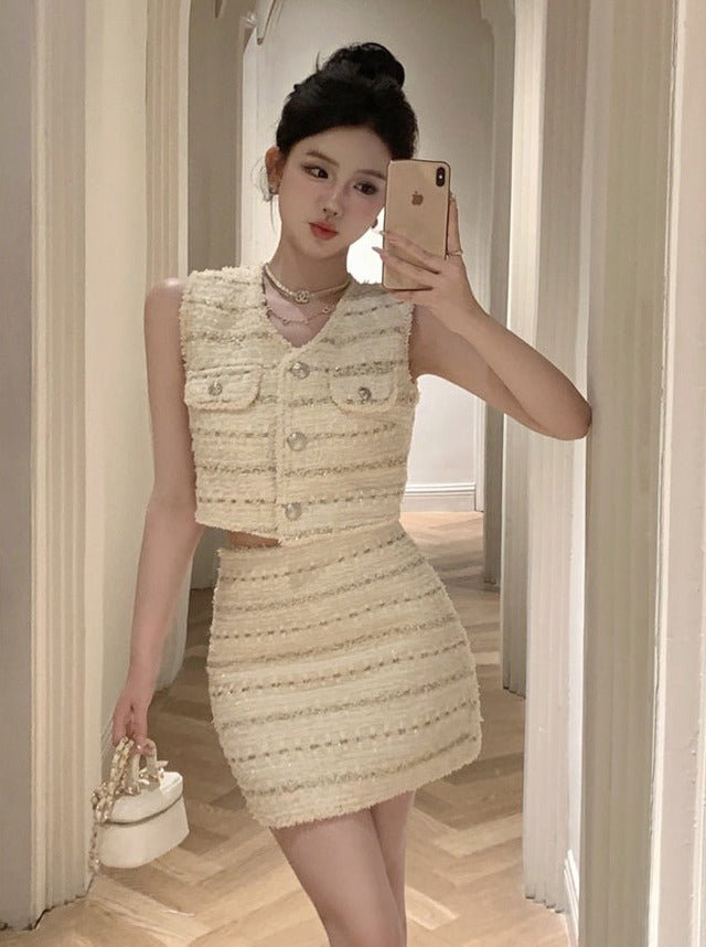 Summer White Tweed Vest + Tight Skirt
