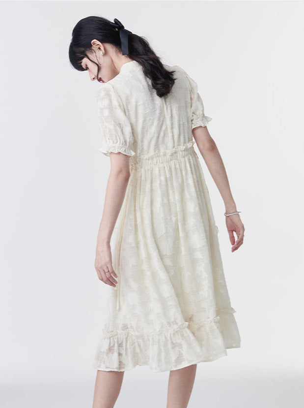 Sheer Puff Sleeve Drost Ribbon Flower China Dress