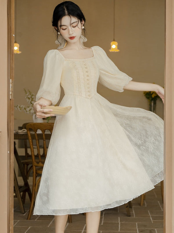 フレンチスクエアネックランタンスリーブドレス
