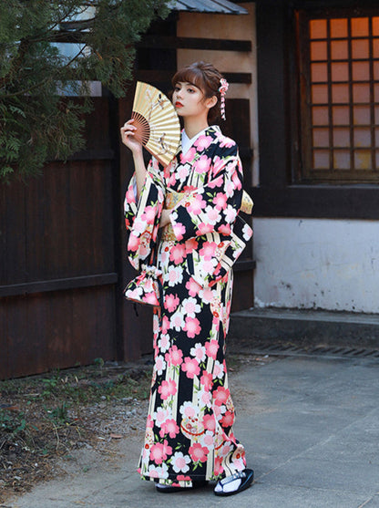 Ensemble 5 pièces de yukata féminin Taisho-roman fleurs de cerisier