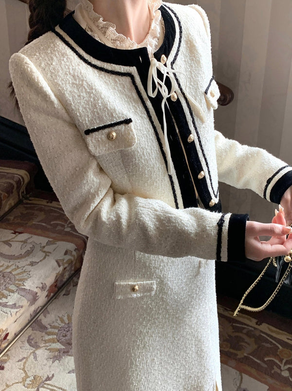 Chic French Gar Lee Teueed Jacket + Slit Tweed Skirt + Tweed Short Pants