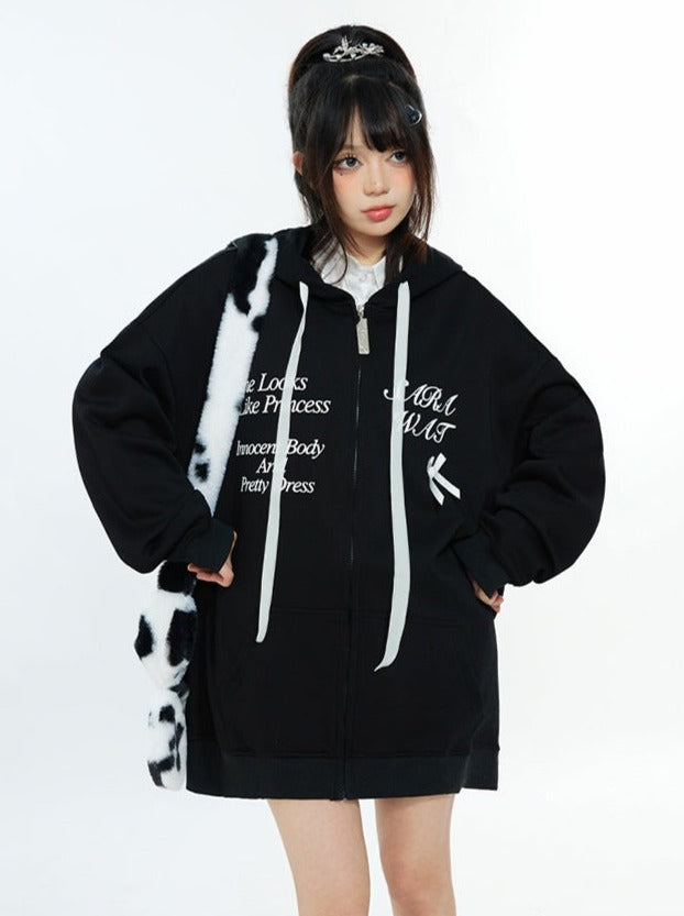 Ribbon Logo Cat Zipper Hooded Hoodie