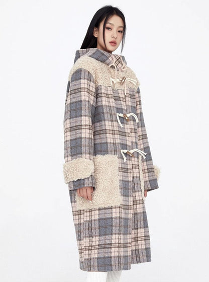 Pink & Gray Check Stitching Horn Buckle Loose Silhouette Long Coat