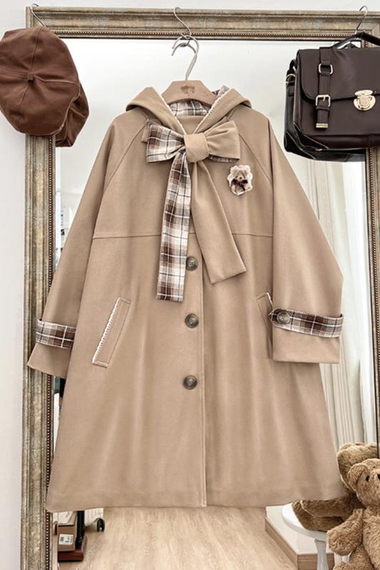 【予約商品】カフェラテチェックフーディーAラインウィンドブレーカーリボンコート