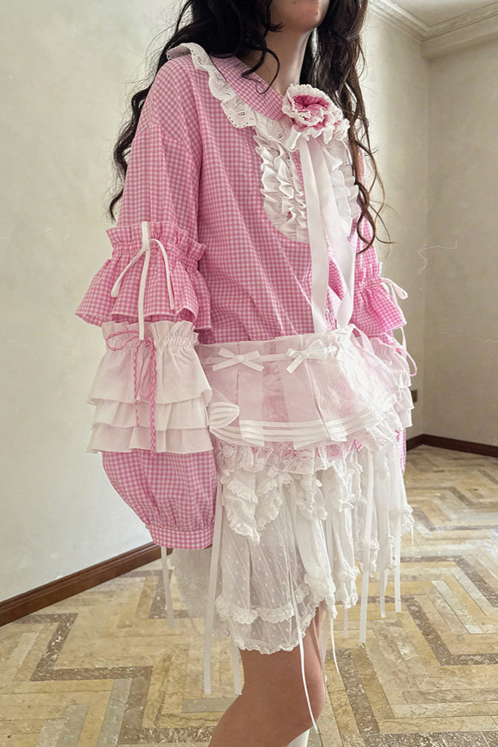 Camisa de patchwork con cuadrícula rosa muñeca