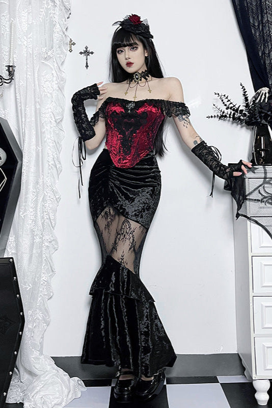 Velvet Lace Fishtail Skirt + Gothic Off-the-shoulder Top