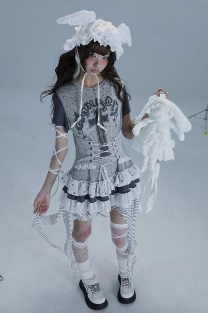 wsw bodyless [tear garden] original design niche Asian sub-length T-shirt irregular lace skirt top