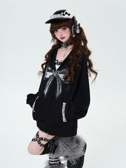 Dark Ribbon Design Loose Hooded Zip Hoodie