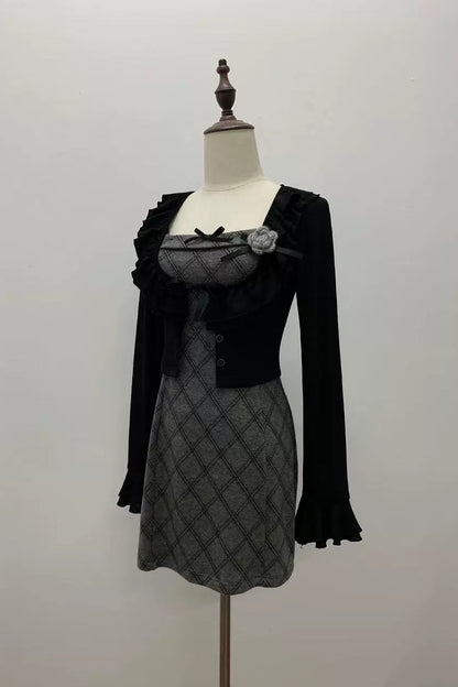 チェックキャミソールドレス+カーディガン