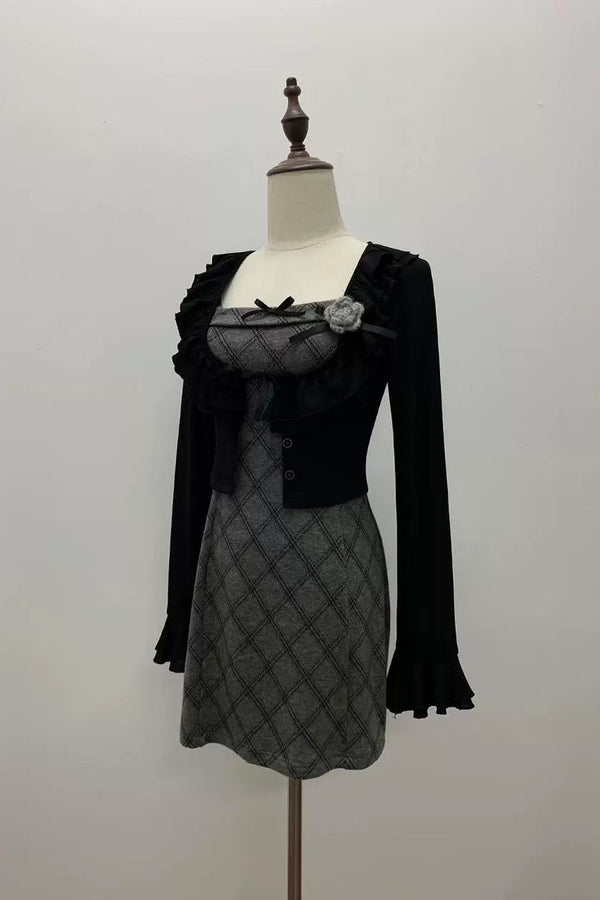 チェックキャミソールドレス+カーディガン