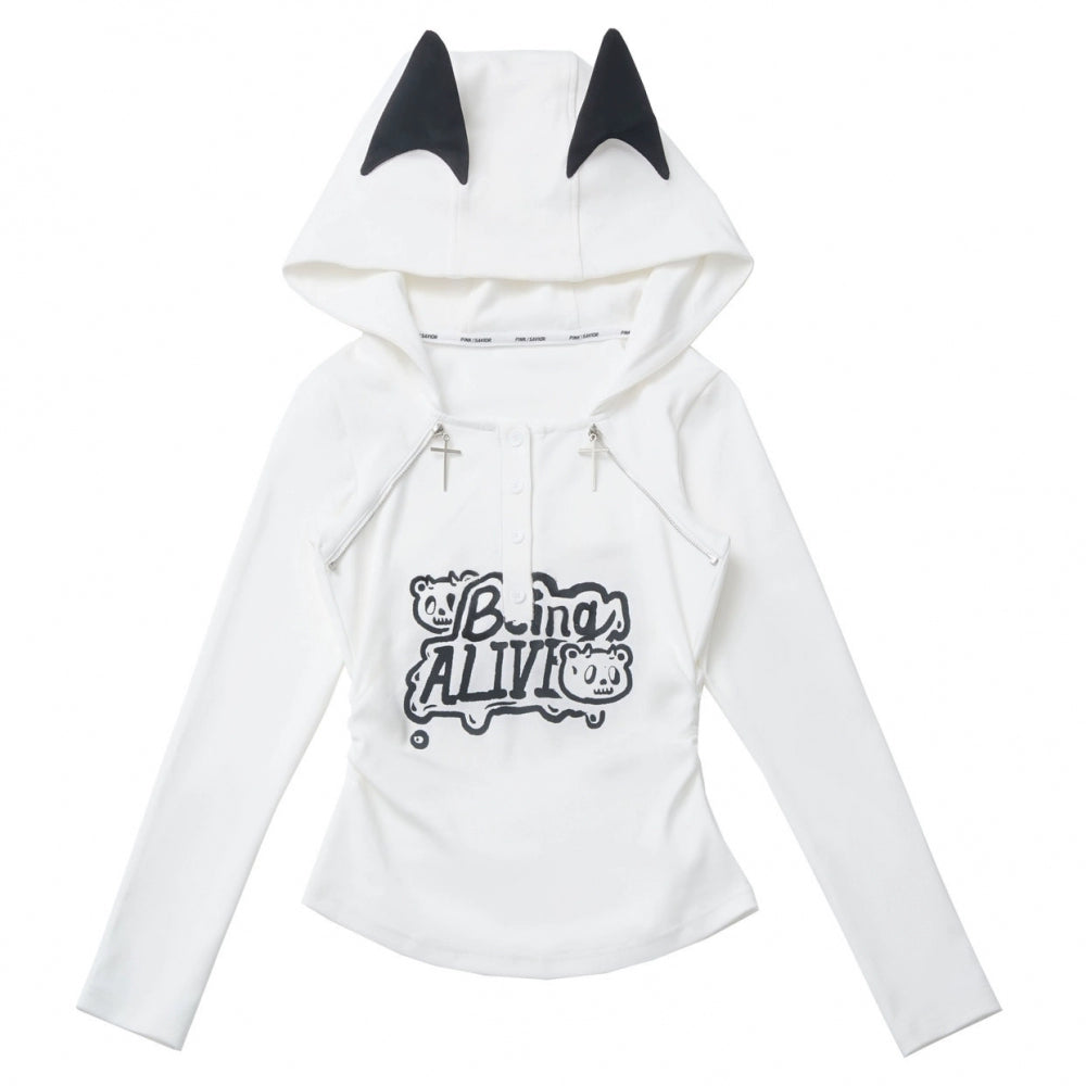 猫耳フードトップス+ルーズニットセーター+カーゴパンツ+ストラップスカート