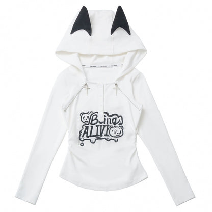 猫耳フードトップス+ルーズニットセーター+カーゴパンツ+ストラップスカート